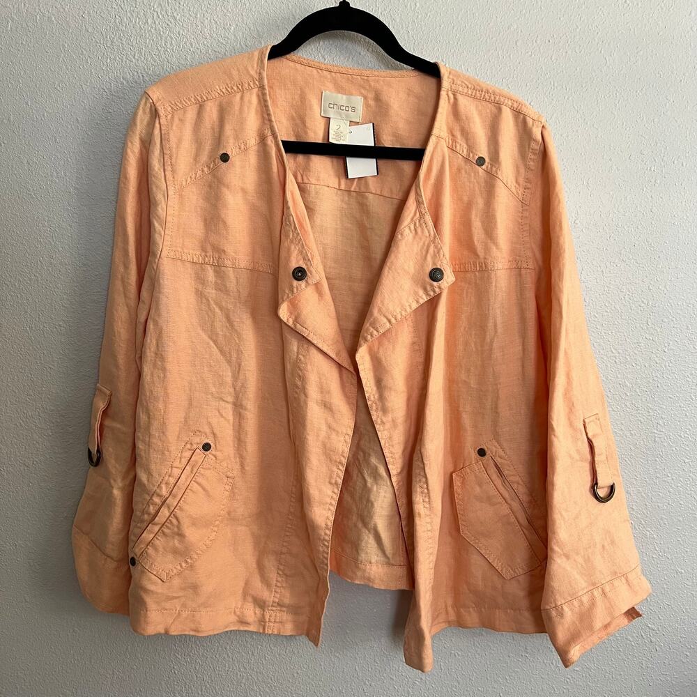 Chico's Moto Style Linen Jacket Peach Long Sleeve Sz L/12 (2)